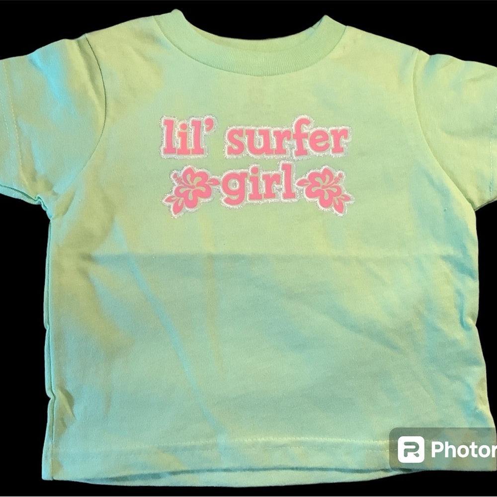 🌸Lil’ surfer 🌸 girl🌸 glitter ink! Neon green toddler tee. 100% cotton, NWT
